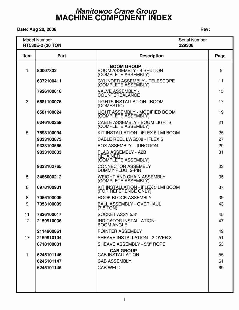 Grove RT530E-2 Crane Parts Manual 229308 2008