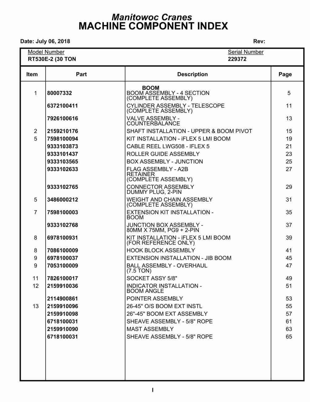 Grove RT530E-2 Crane Parts Manual 229372 2018