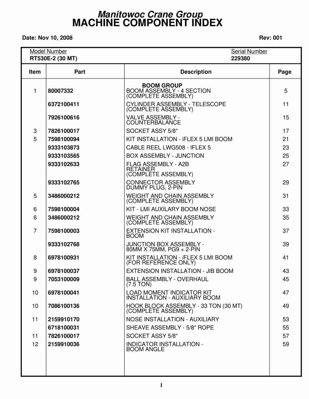 Grove RT530E-2 Crane Parts Manual 229380 2008