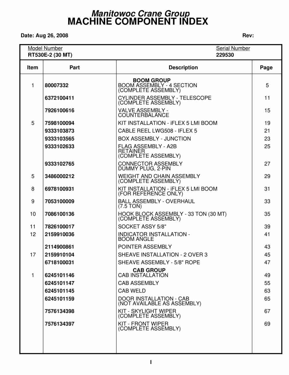 Grove RT530E-2 Crane Parts Manual 229530 2008