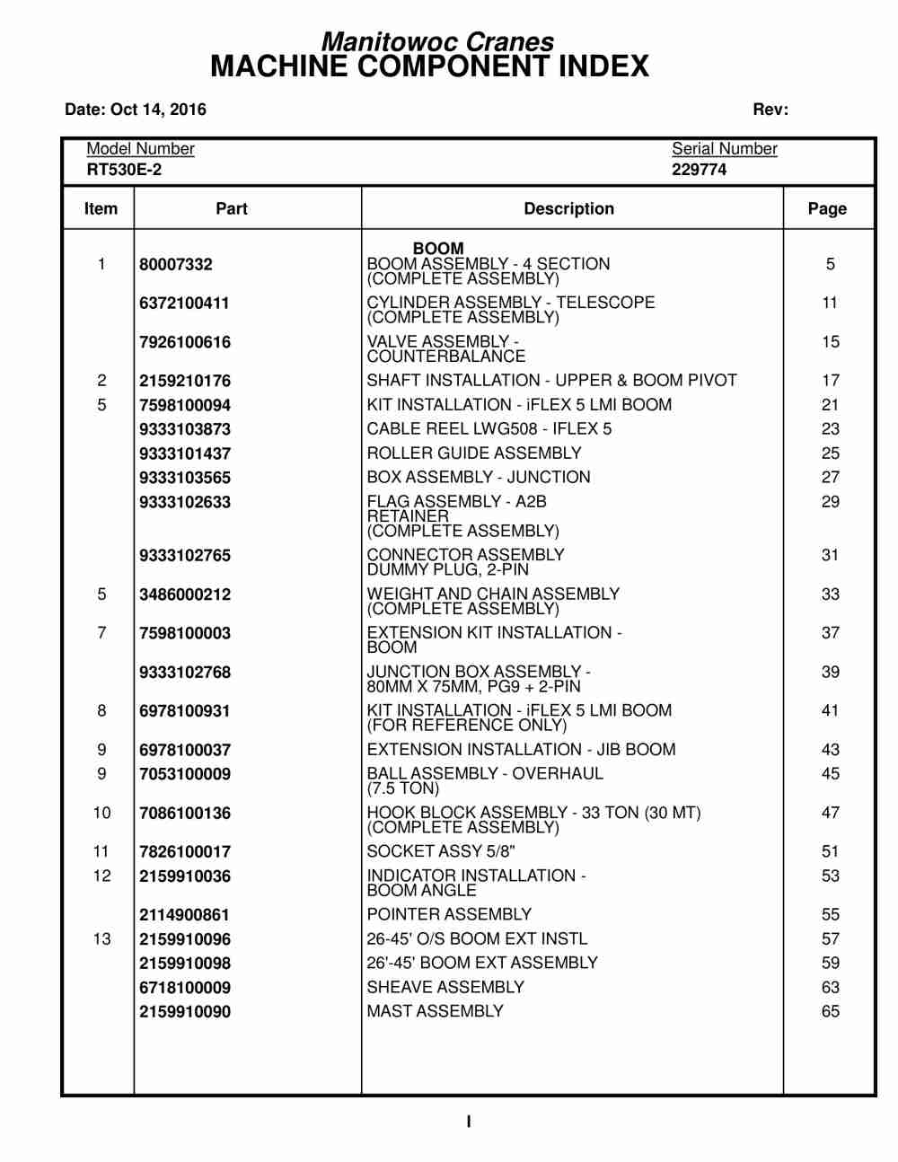 Grove RT530E-2 Crane Parts Manual 229774 2016