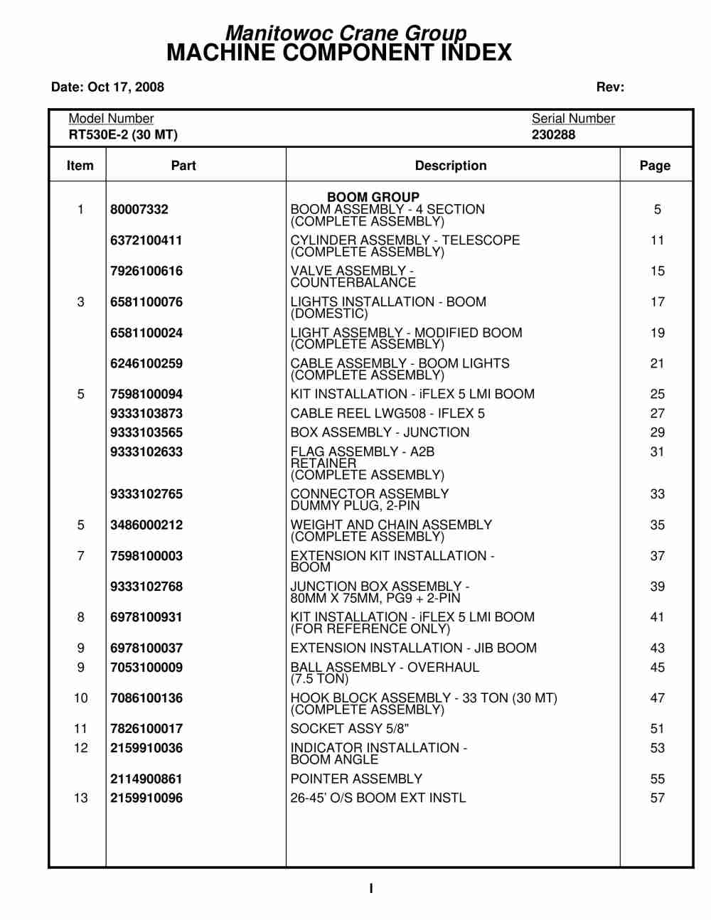 Grove RT530E-2 Crane Parts Manual 230288 2008