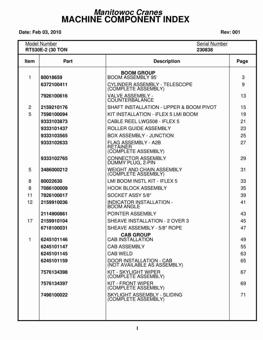Grove RT530E-2 Crane Parts Manual 230838 2010