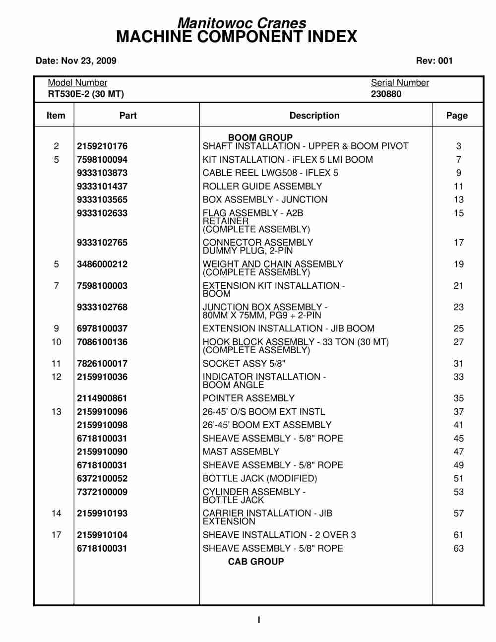 Grove RT530E-2 Crane Parts Manual 230880 2009