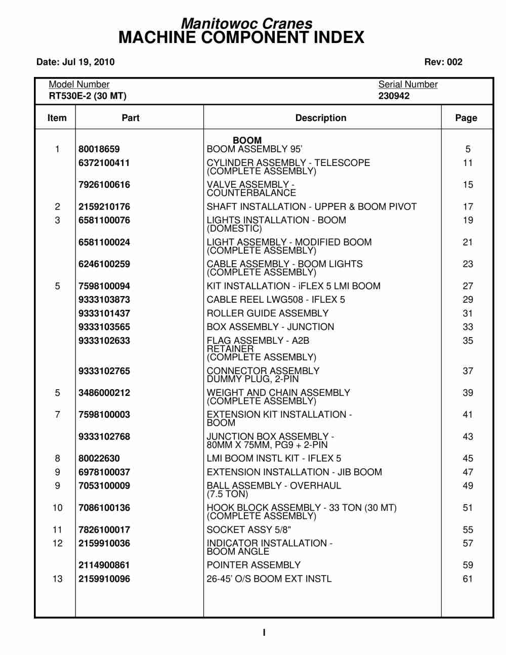 Grove RT530E-2 Crane Parts Manual 230942 2010
