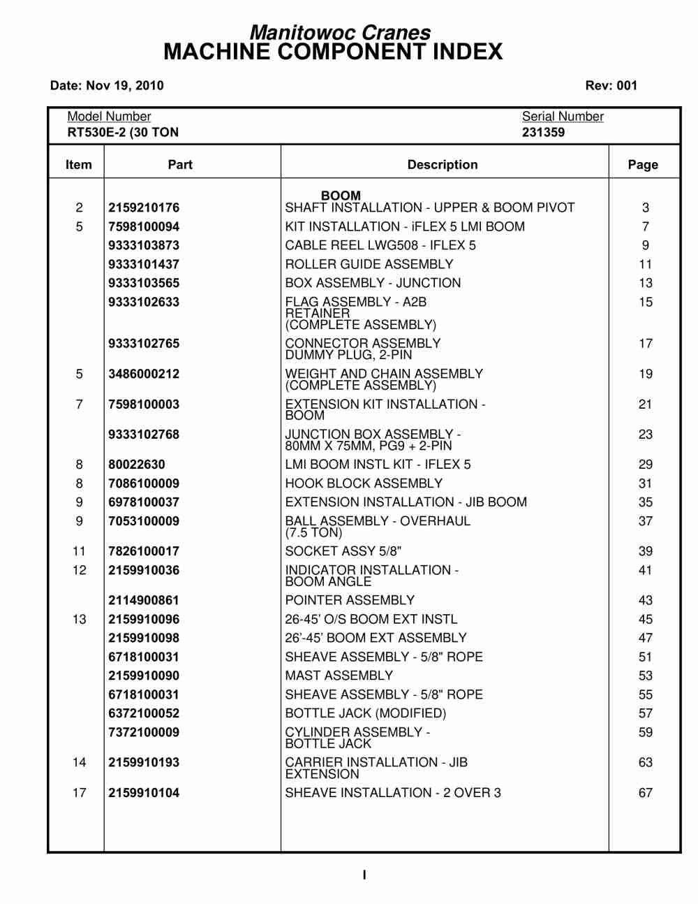 Grove RT530E-2 Crane Parts Manual 231359 2010