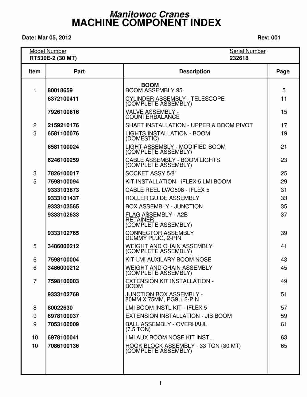 Grove RT530E-2 Crane Parts Manual 232618 2012