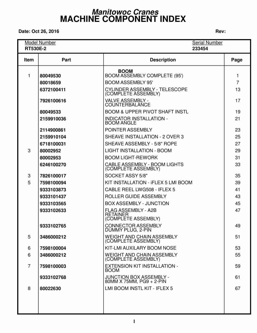 Grove RT530E-2 Crane Parts Manual 233454 2016
