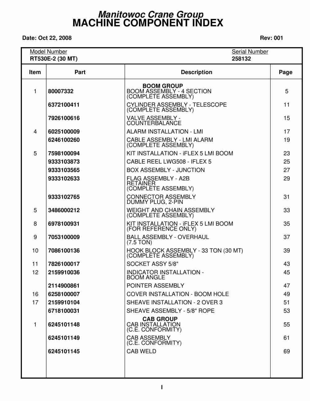 Grove RT530E-2 Crane Parts Manual 258132 2008