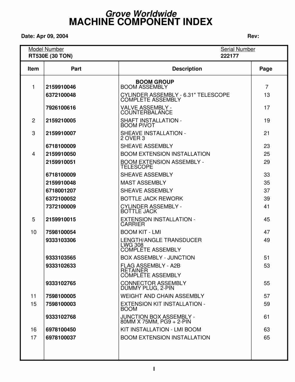 Grove RT530E Crane Parts Manual 22217 2004