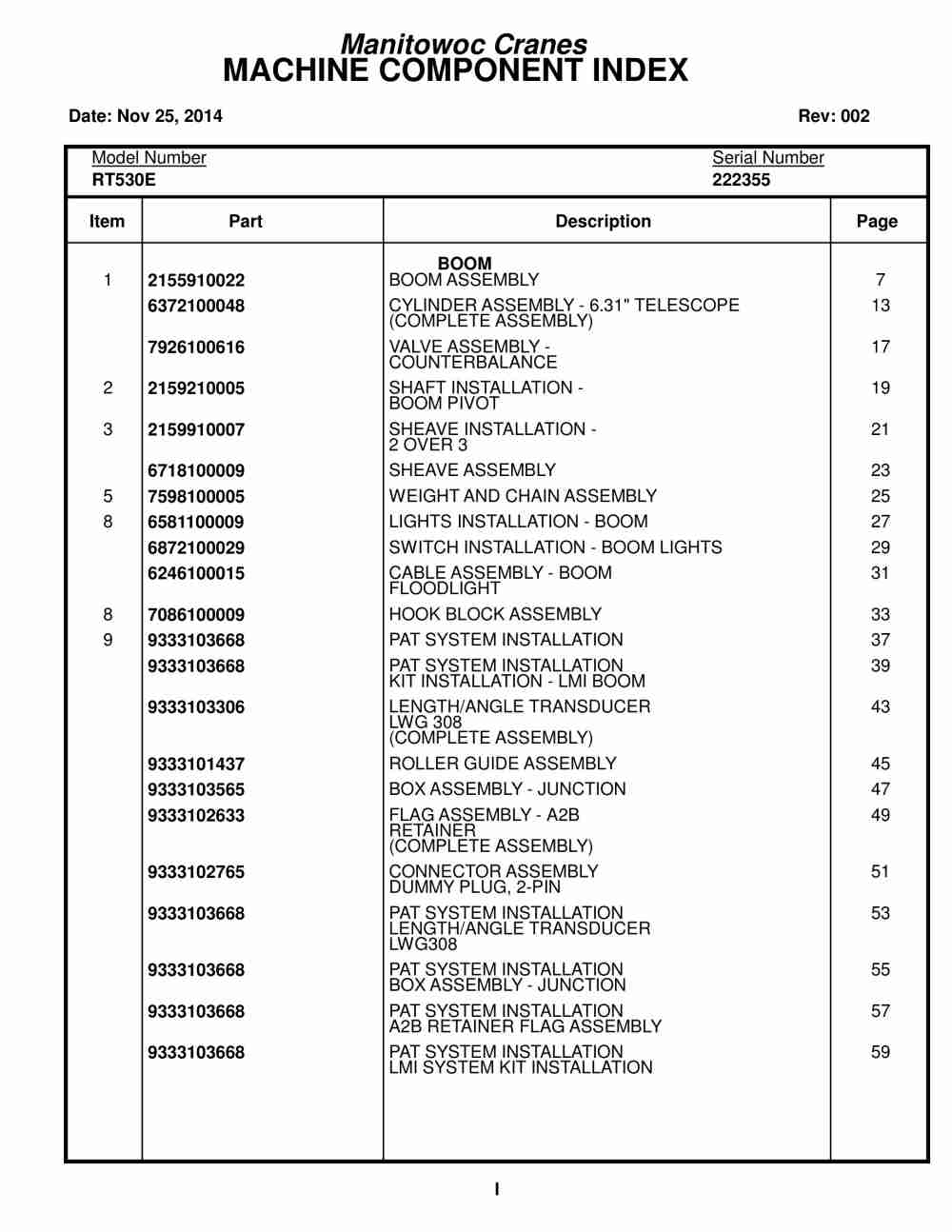 Grove RT530E Crane Parts Manual 222355 2014