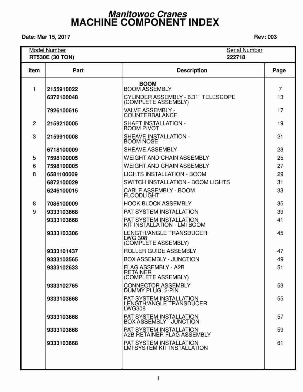 Grove RT530E Crane Parts Manual 222718 2017