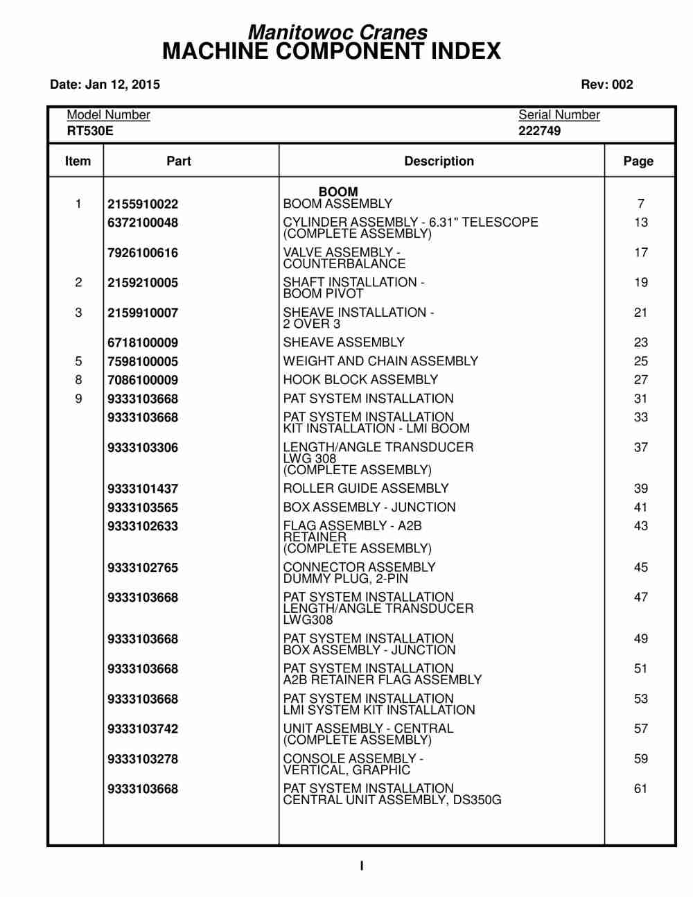 Grove RT530E Crane Parts Manual 222749 2015