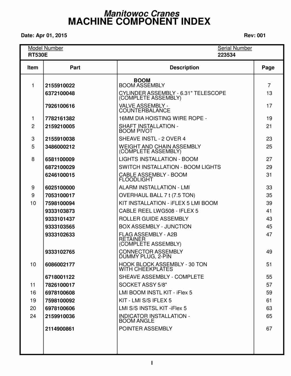 Grove RT530E Crane Parts Manual 223534 2015