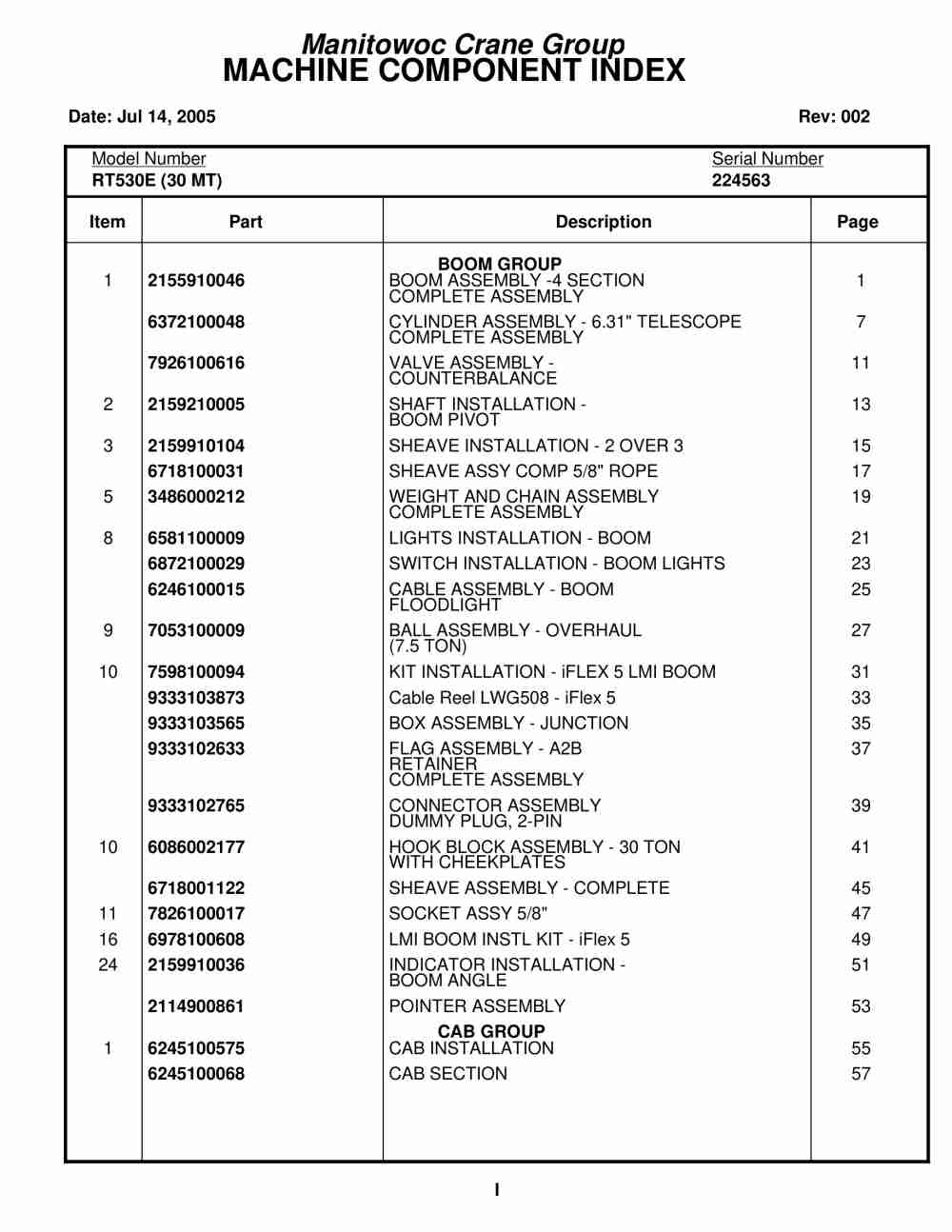 Grove RT530E Crane Parts Manual 224563 2005