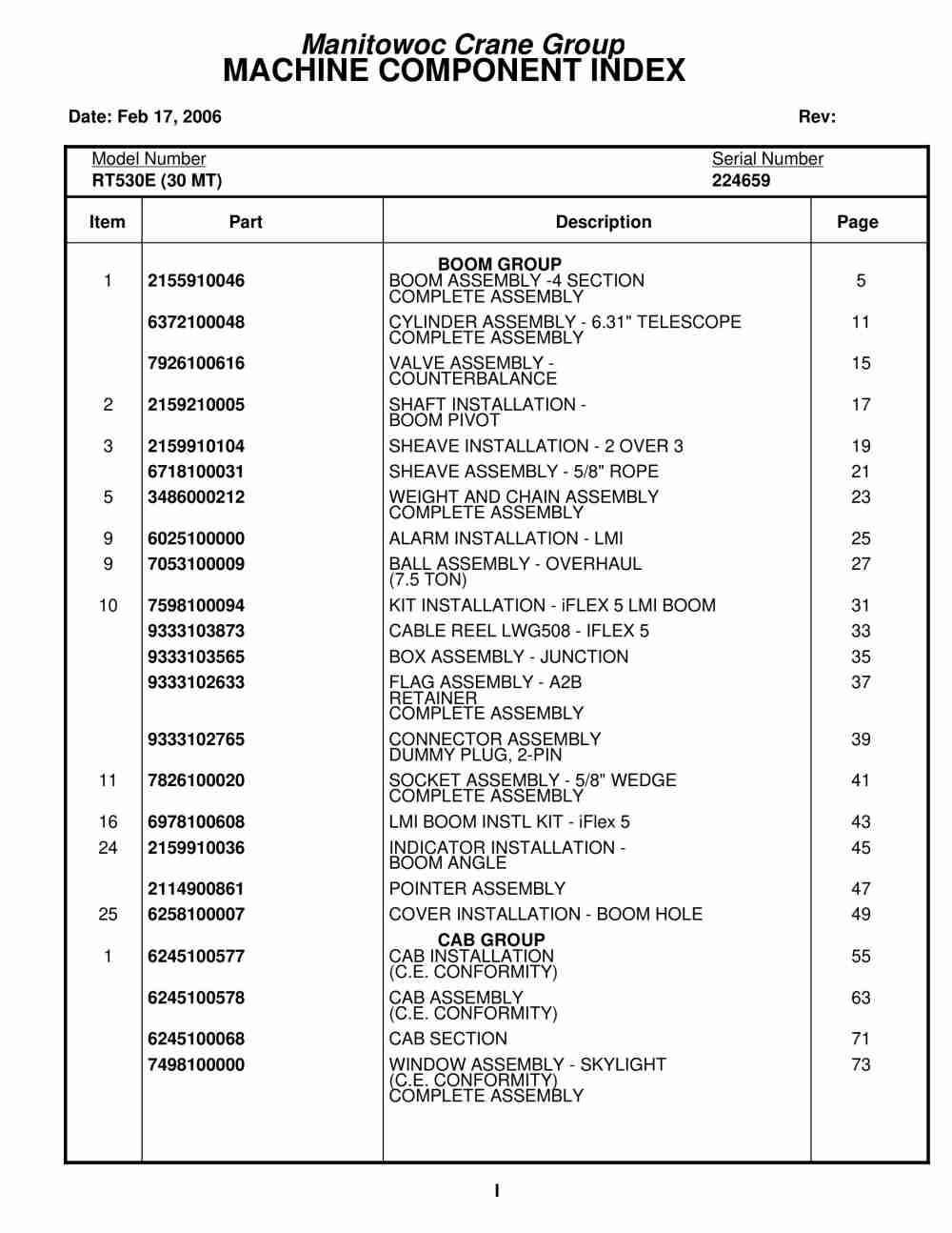 Grove RT530E Crane Parts Manual 224659 2006