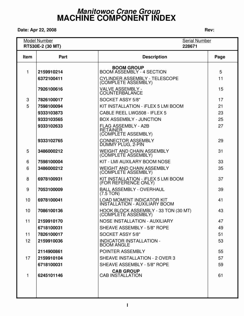 Grove RT530E Crane Parts Manual 228671 2008