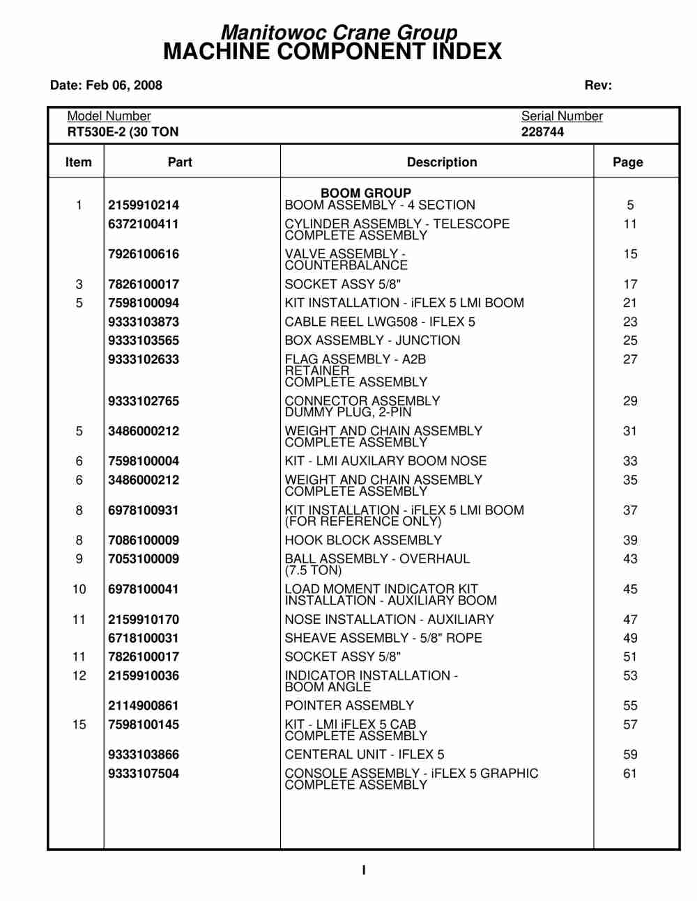 Grove RT530E Crane Parts Manual 228744 2008