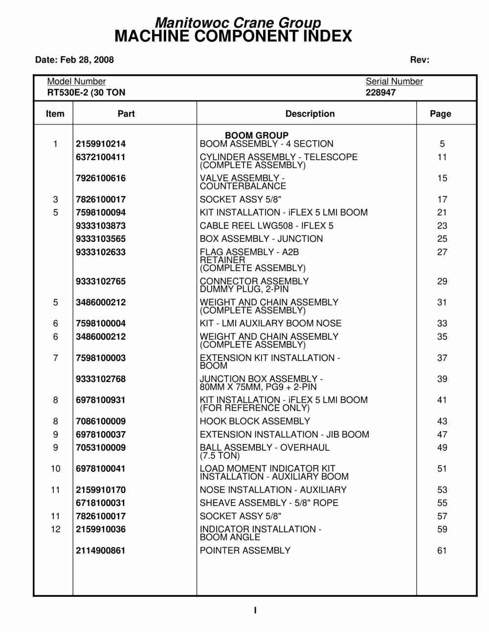 Grove RT530E Crane Parts Manual 228947 2008