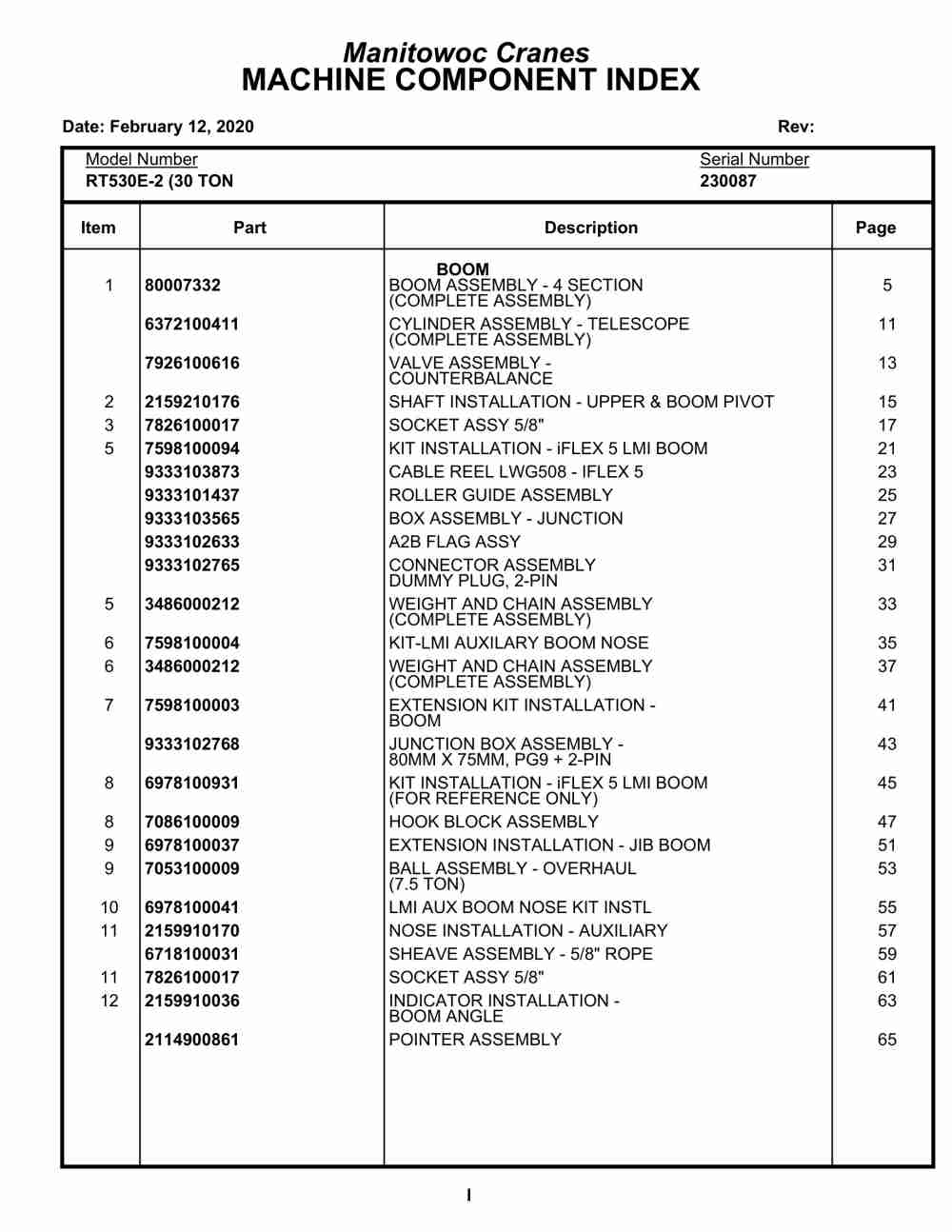 Grove RT530E Crane Parts Manual 230087 2020