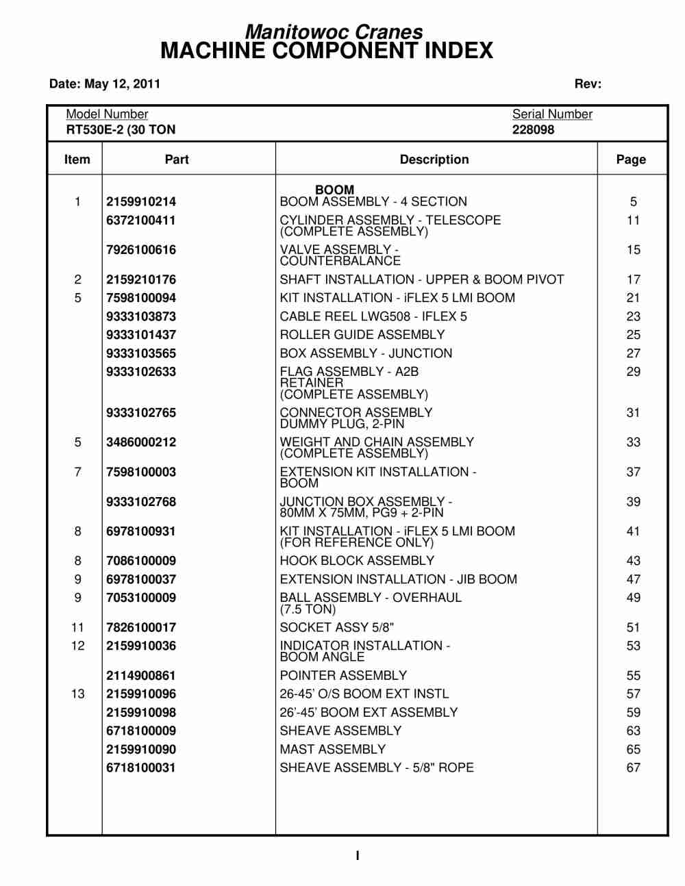 Grove RT530E2 Crane Parts Manual 228098 2011