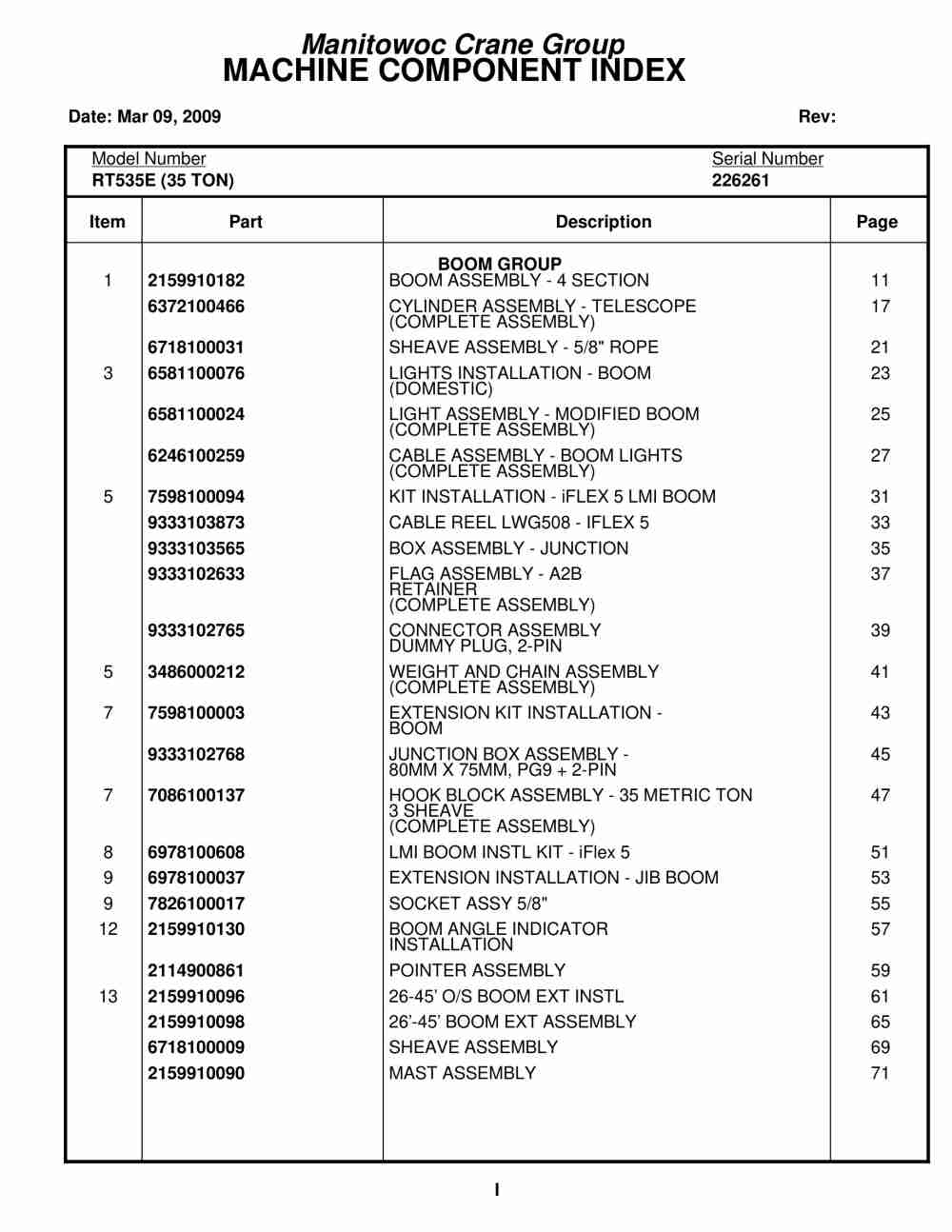 Grove RT535E Crane Parts Manual 226261 2009 1 Grove RT535E Crane Parts Manual 226261 2009