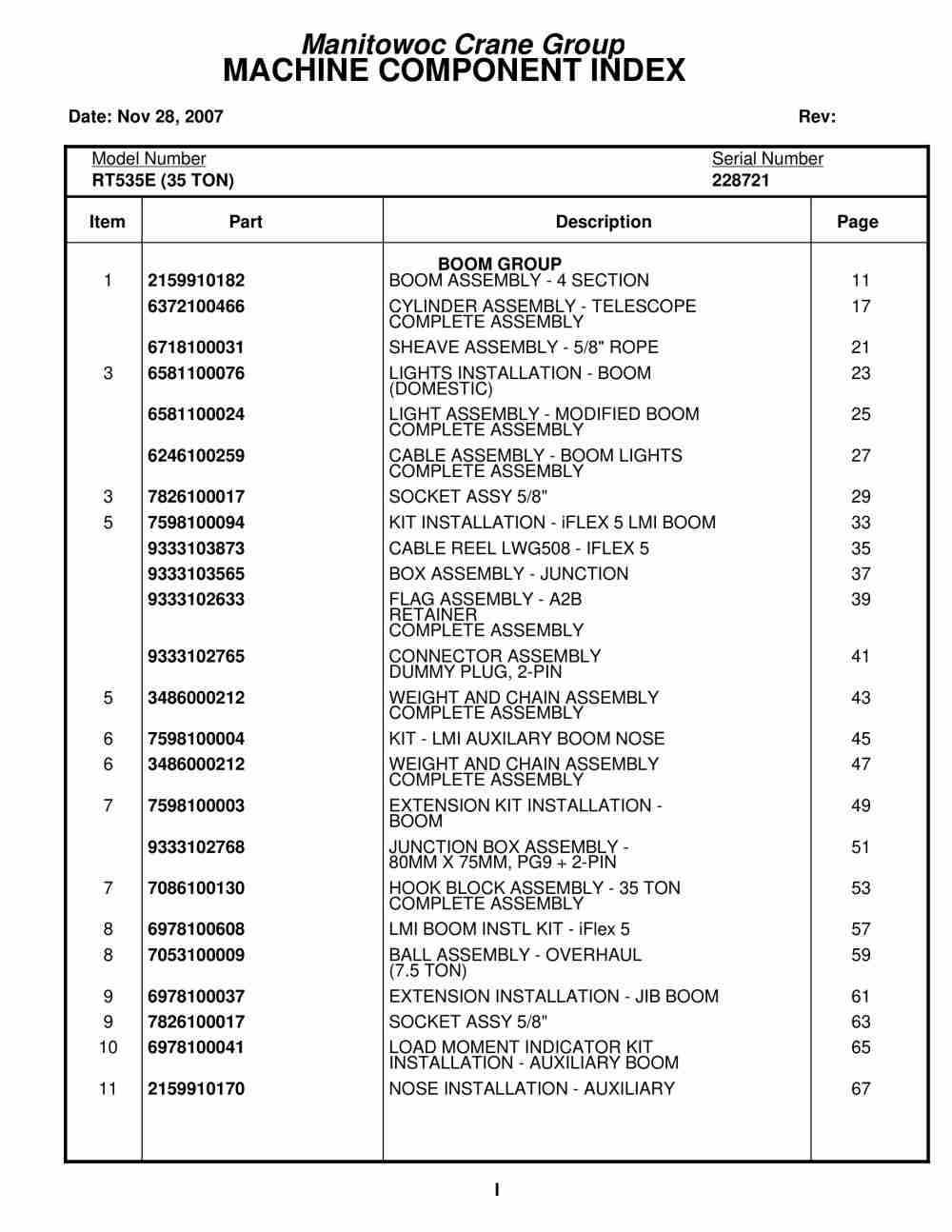 Grove RT535E Crane Parts Manual 228721 2007