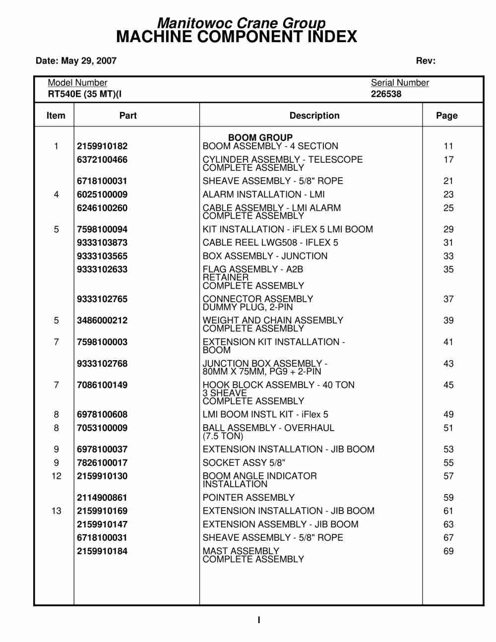 Grove RT540E Crane Parts Manual 226538 2007