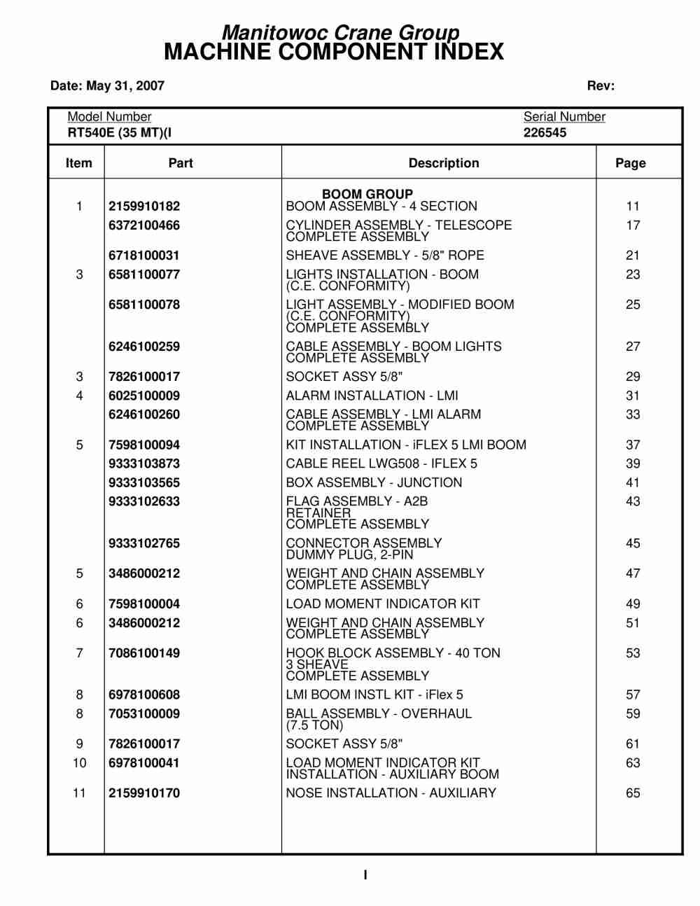 Grove RT540E Crane Parts Manual 226545 2007