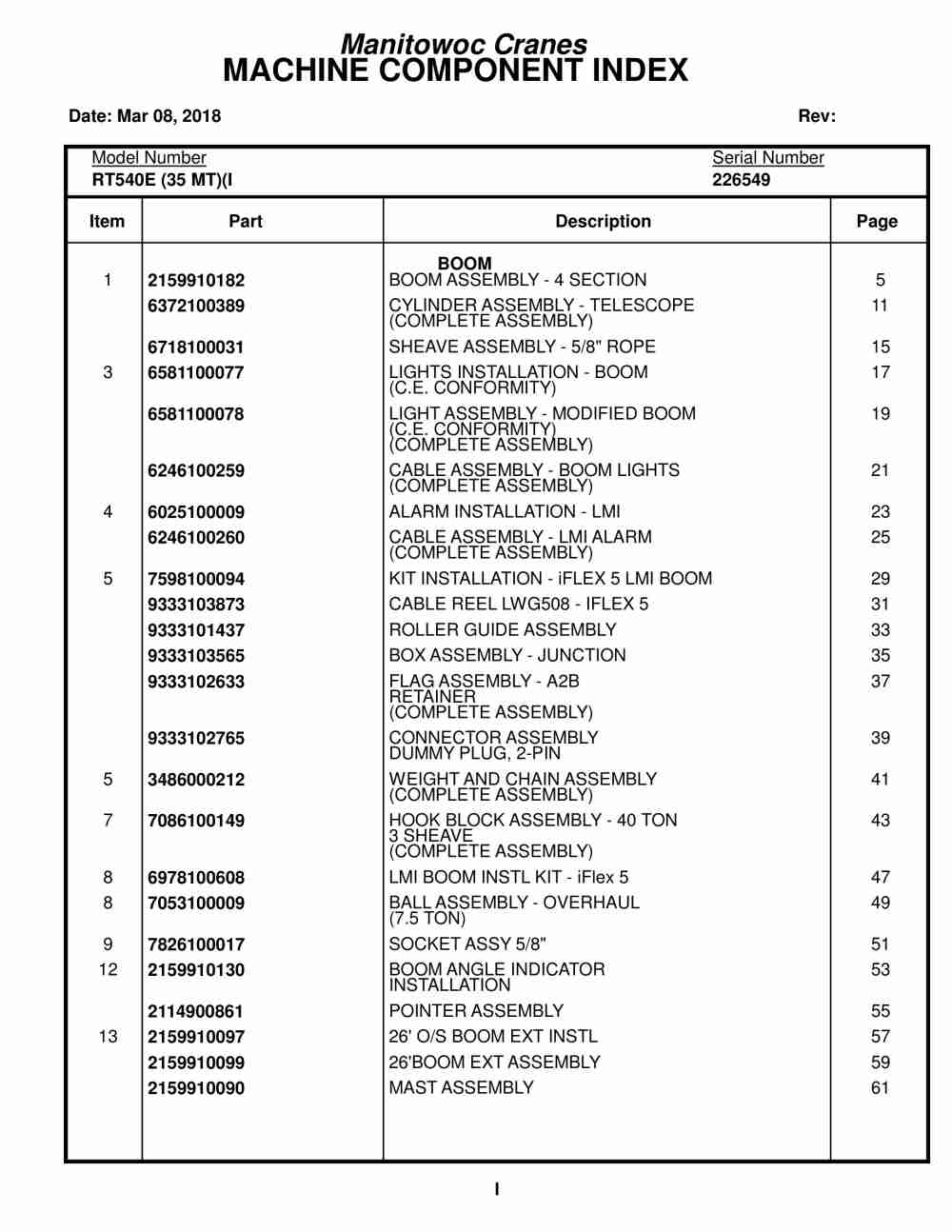 Grove RT540E Crane Parts Manual 226549 2018
