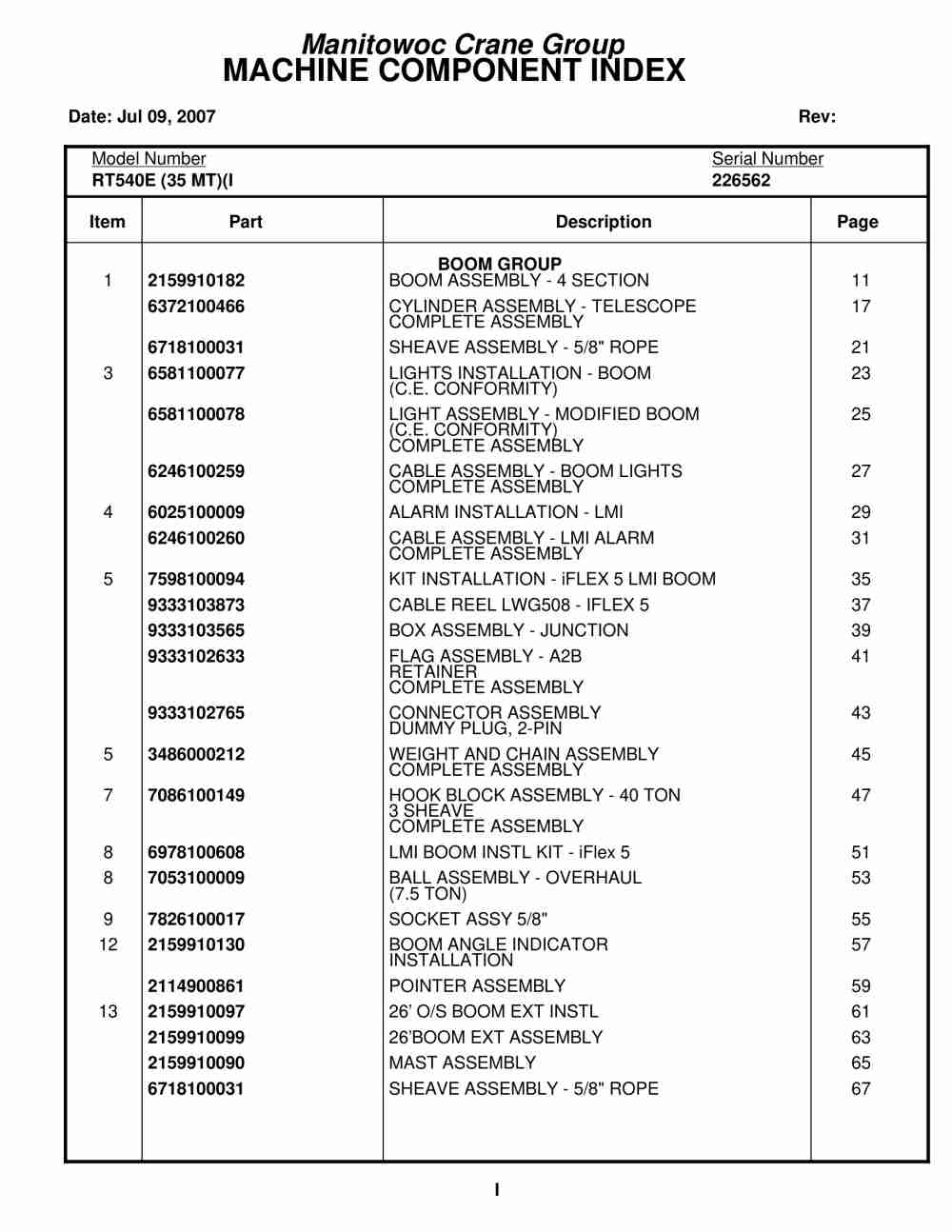 Grove RT540E Crane Parts Manual 226562 2007