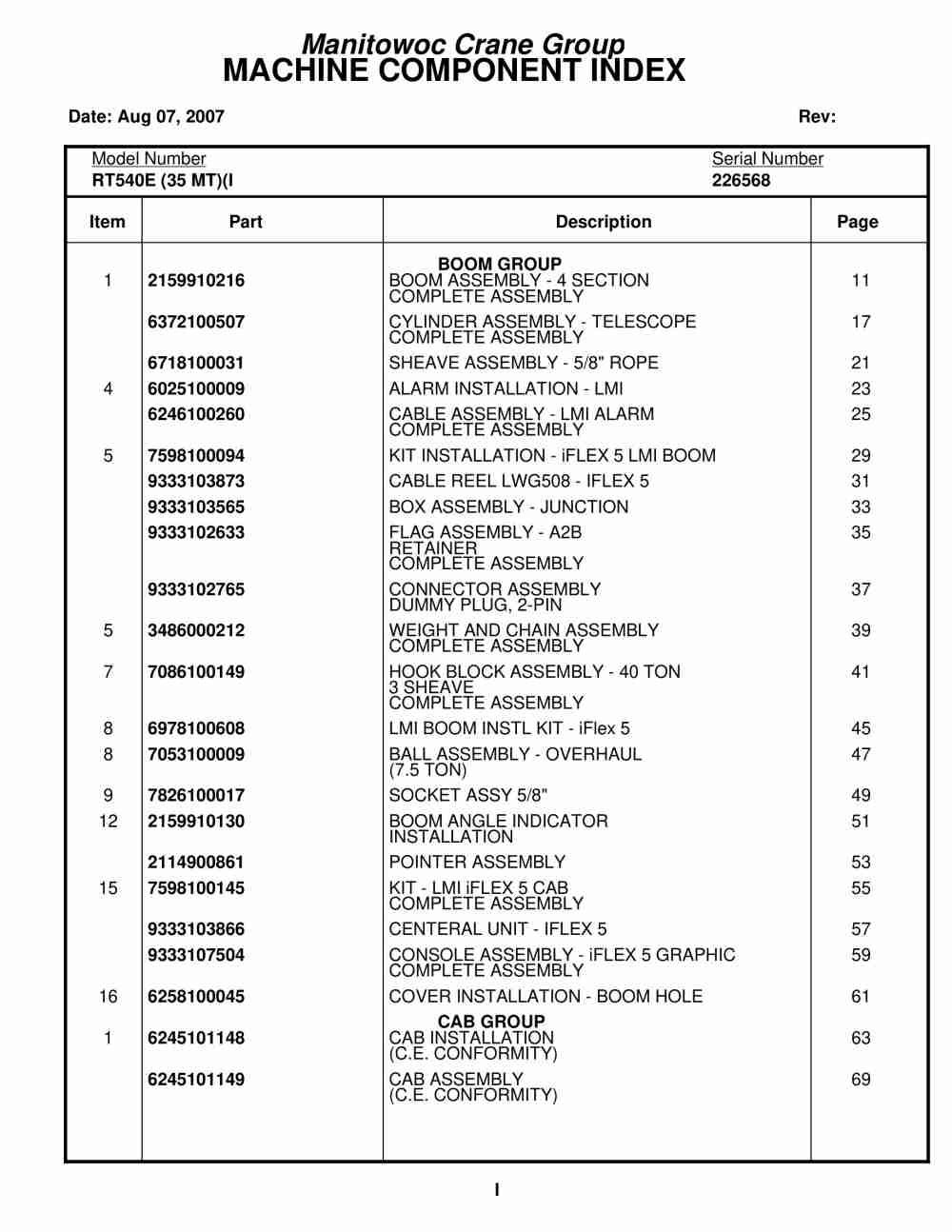 Grove RT540E Crane Parts Manual 226568 2007
