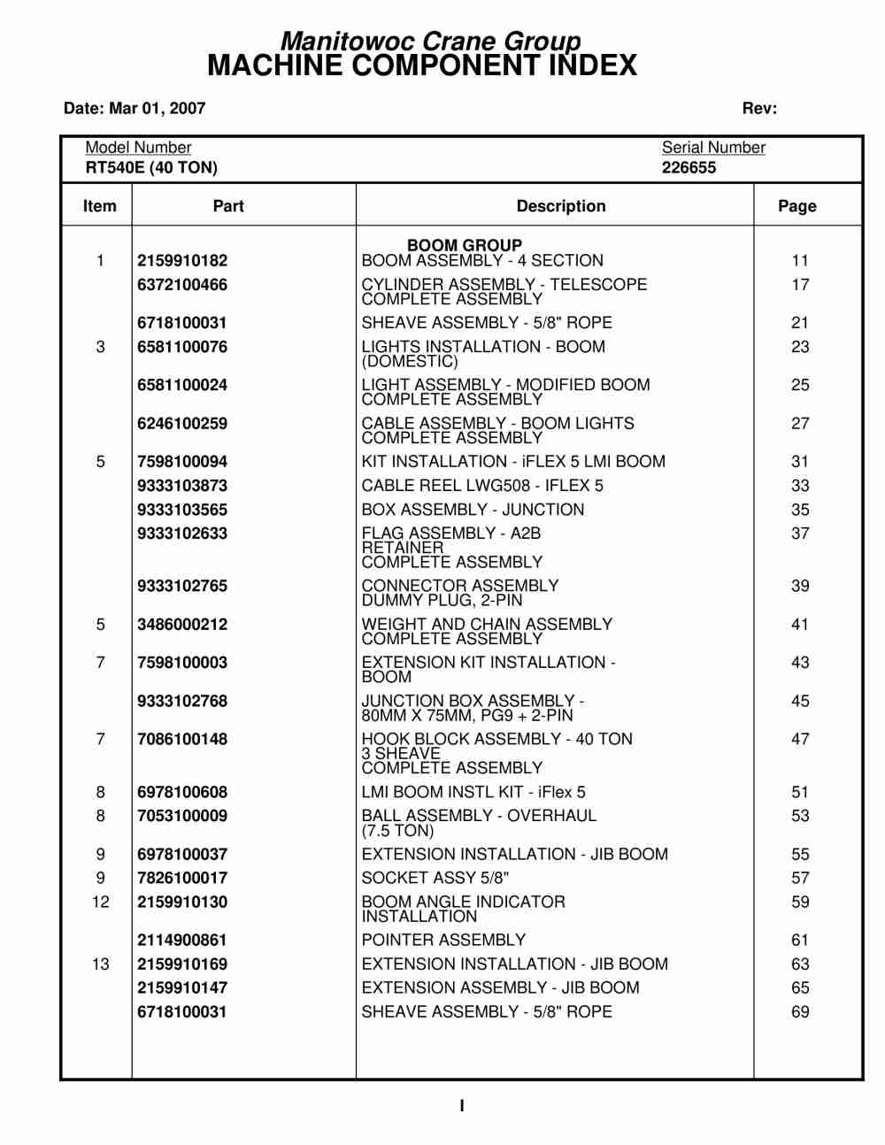Grove RT540E Crane Parts Manual 226655 2007