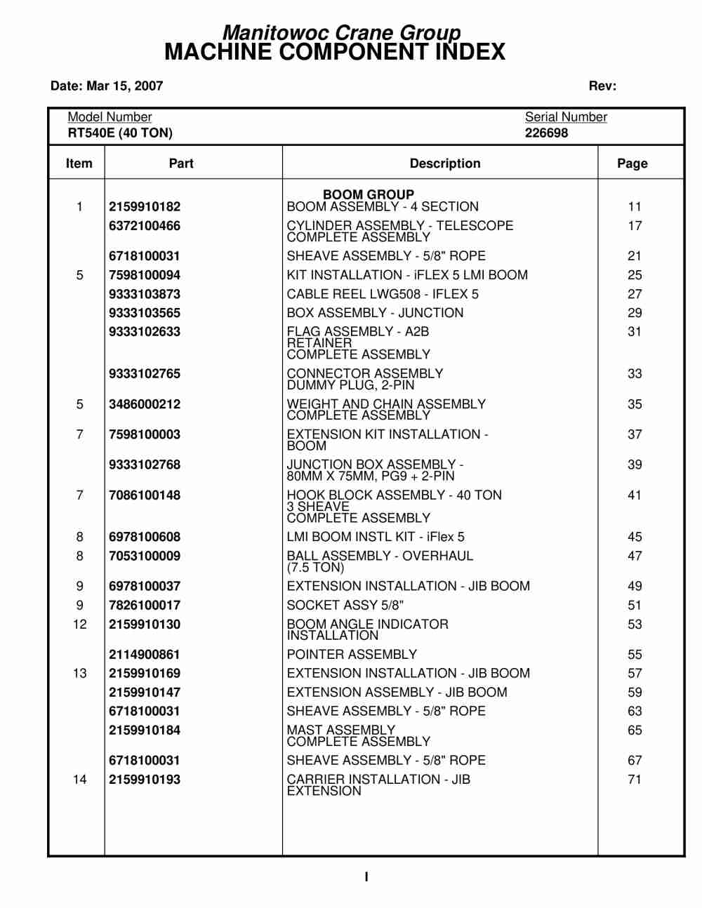 Grove RT540E Crane Parts Manual 226698 2007
