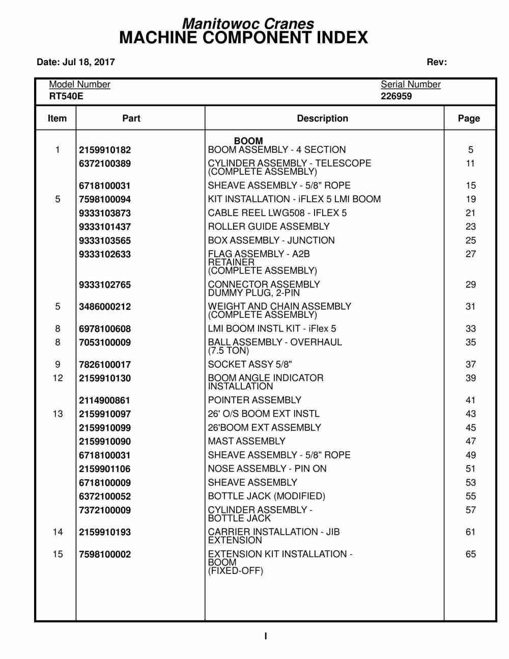 Grove RT540E Crane Parts Manual 226959 2017