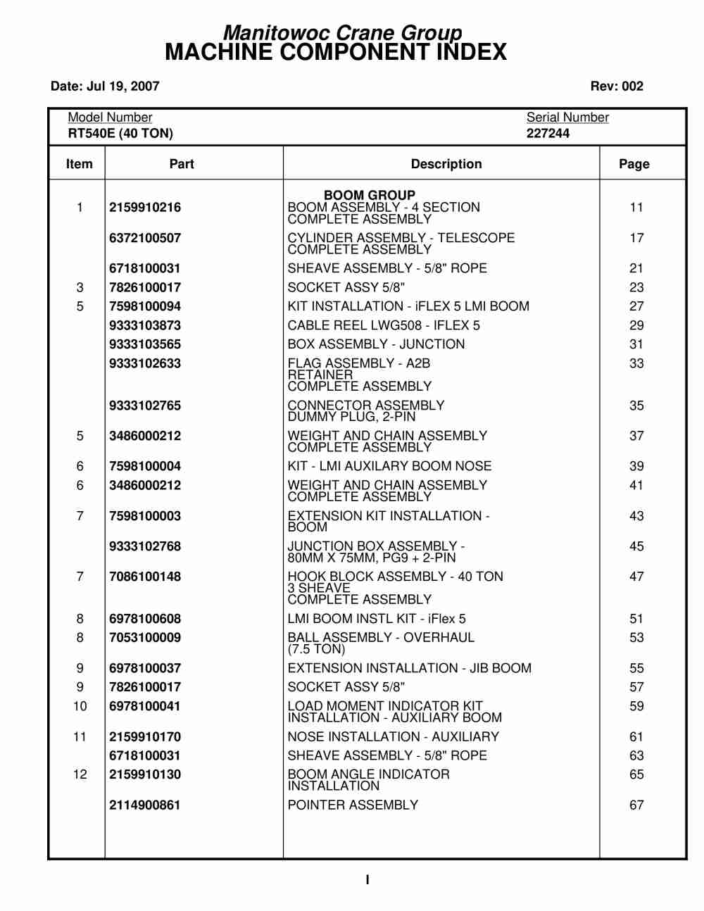 Grove RT540E Crane Parts Manual 227244 2007