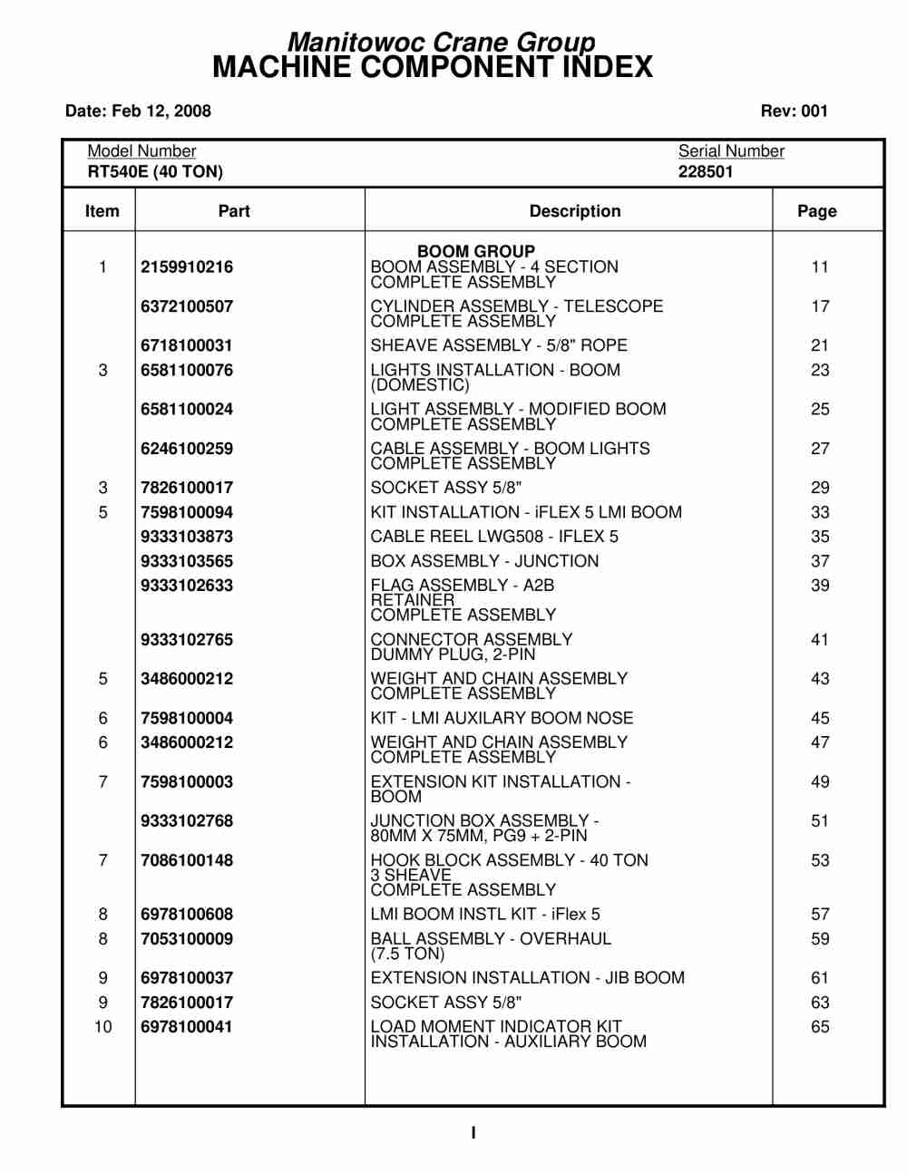Grove RT540E Crane Parts Manual 228501 2008
