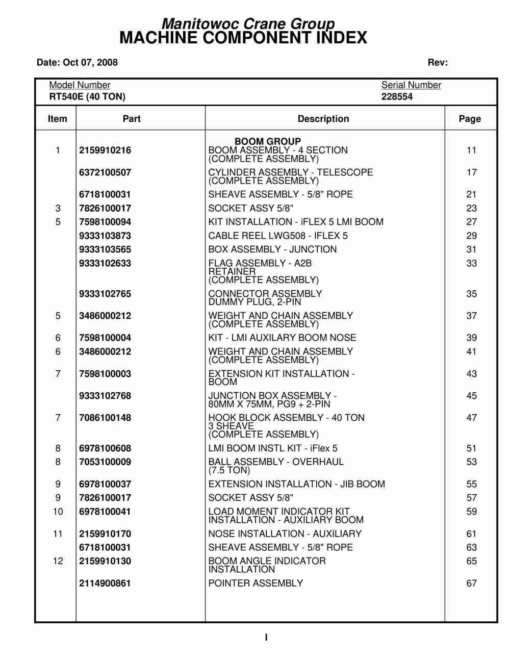 Grove RT540E Crane Parts Manual 228554 2008