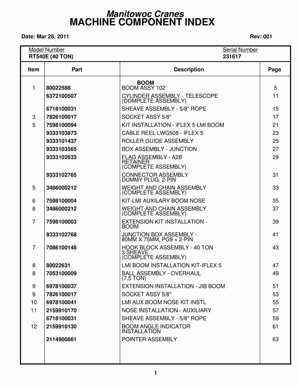 Grove RT540E Crane Parts Manual 231617 2011