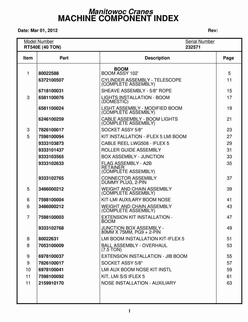 Grove RT540E Crane Parts Manual 232571 2012