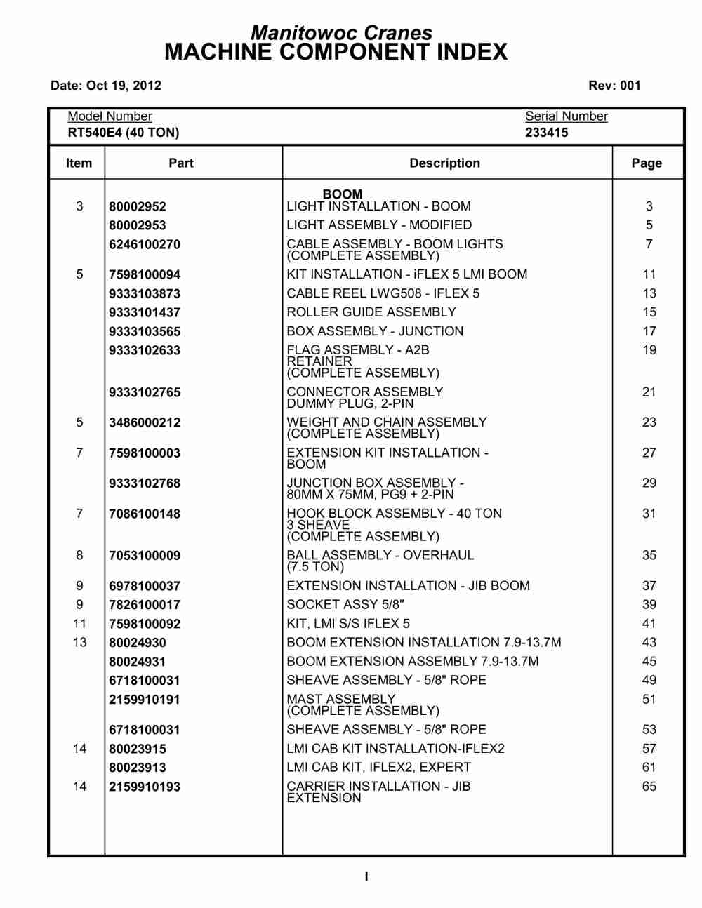 Grove RT540E Crane Parts Manual 233415 2012