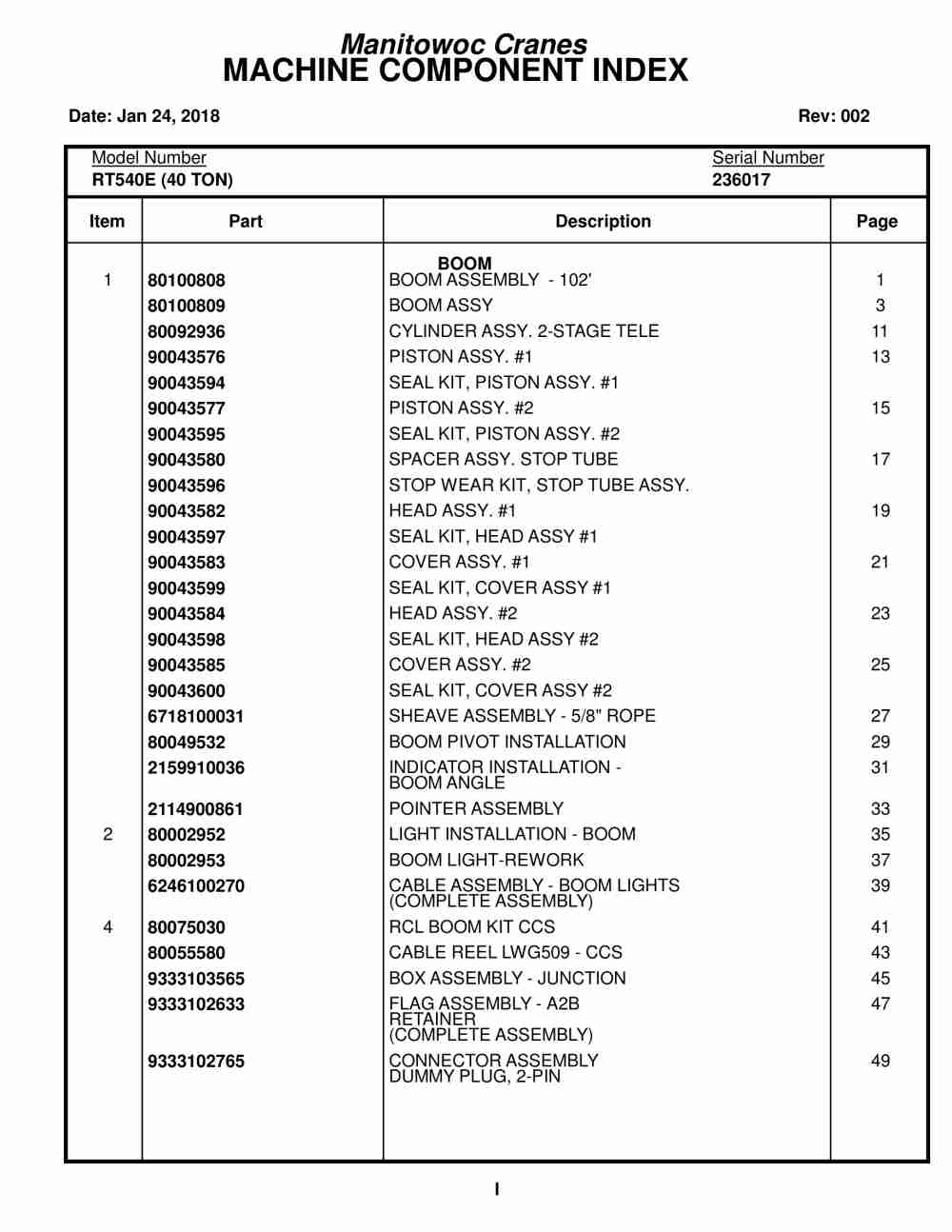 Grove RT540E Crane Parts Manual 236017 2018