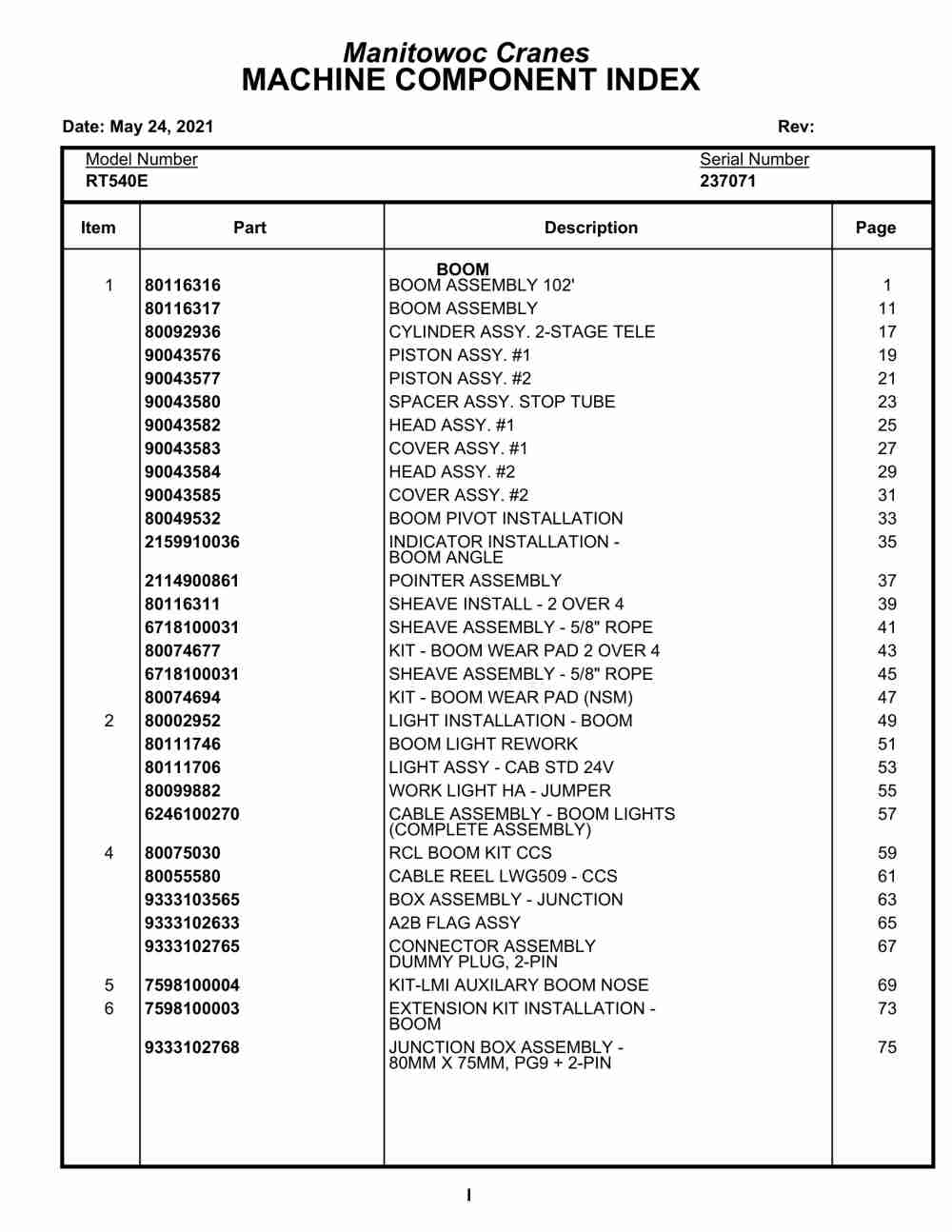 Grove RT540E Crane Parts Manual 237071 2021