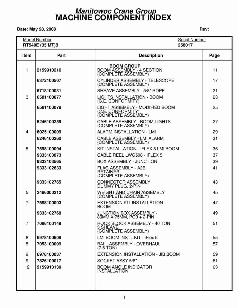 Grove RT540E Crane Parts Manual 258017 2008
