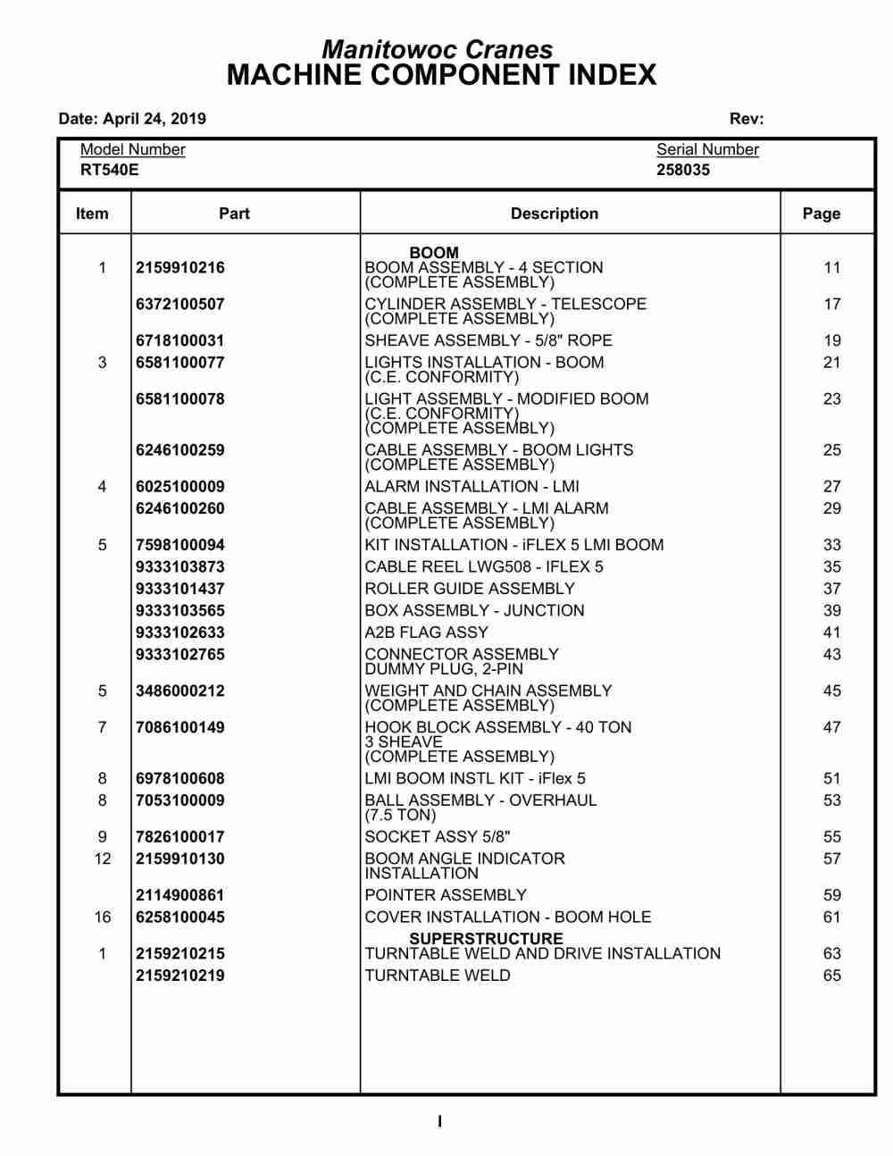 Grove RT540E Crane Parts Manual 258035 2019