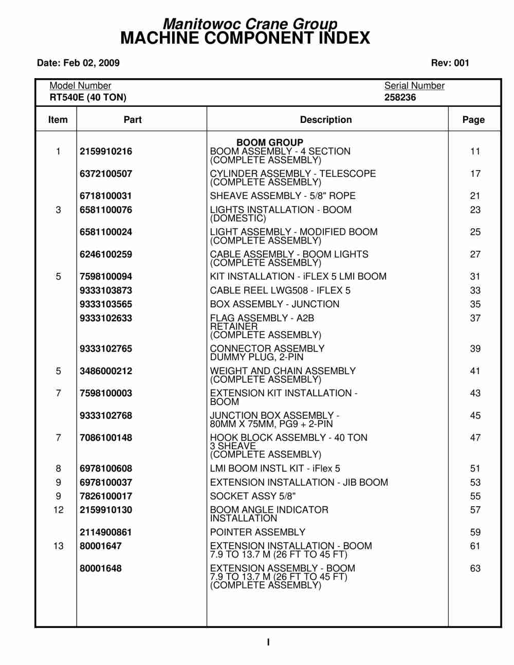 Grove RT540E Crane Parts Manual 258236 2009 1 Grove RT540E Crane Parts Manual 258236 2009