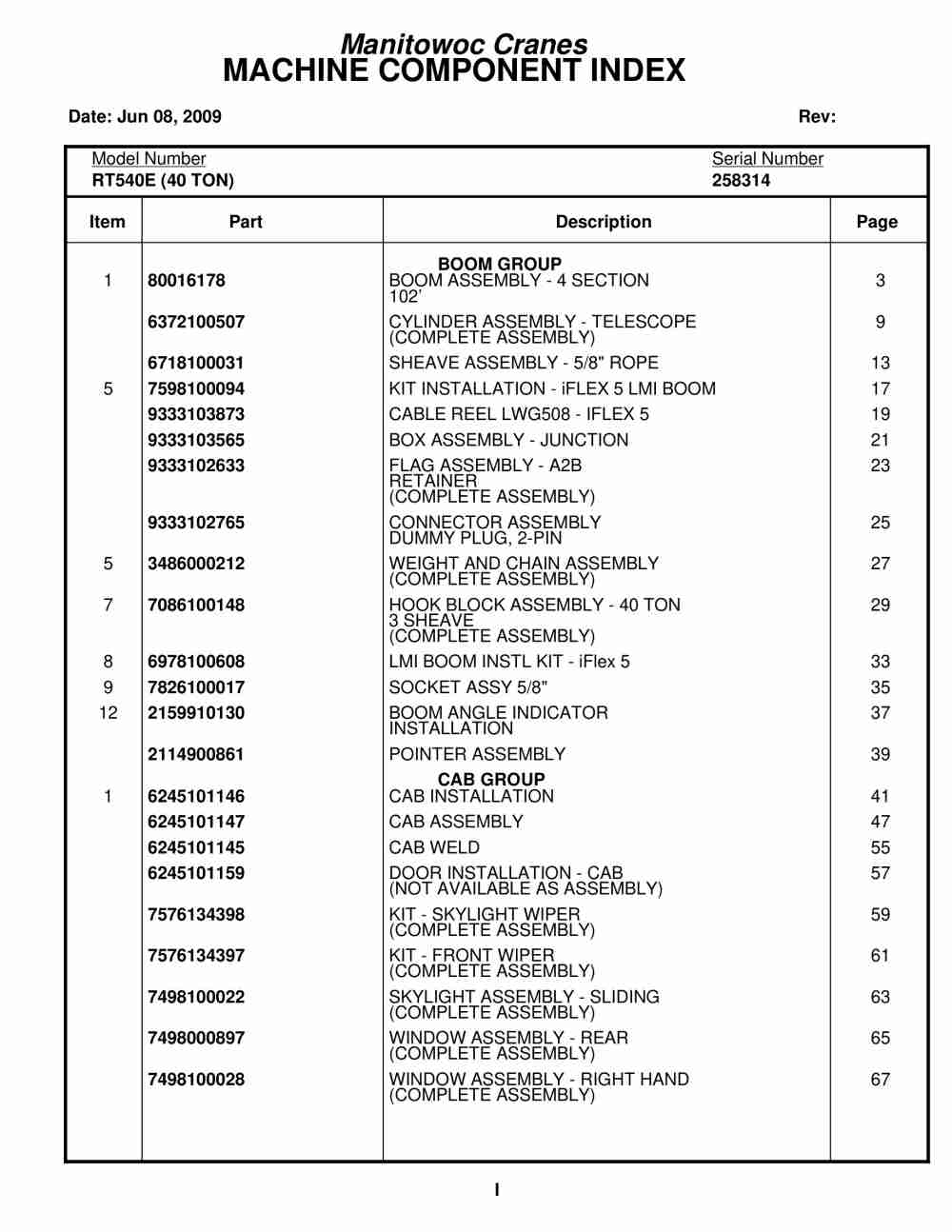 Grove RT540E Crane Parts Manual 258314 2009 1 Grove RT540E Crane Parts Manual 258314 2009