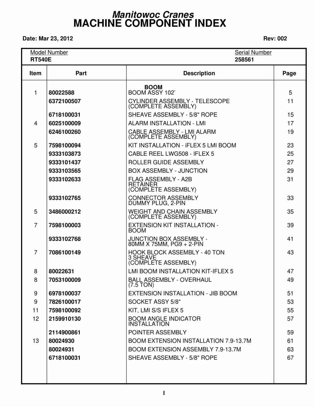 Grove RT540E Crane Parts Manual 258561 2012