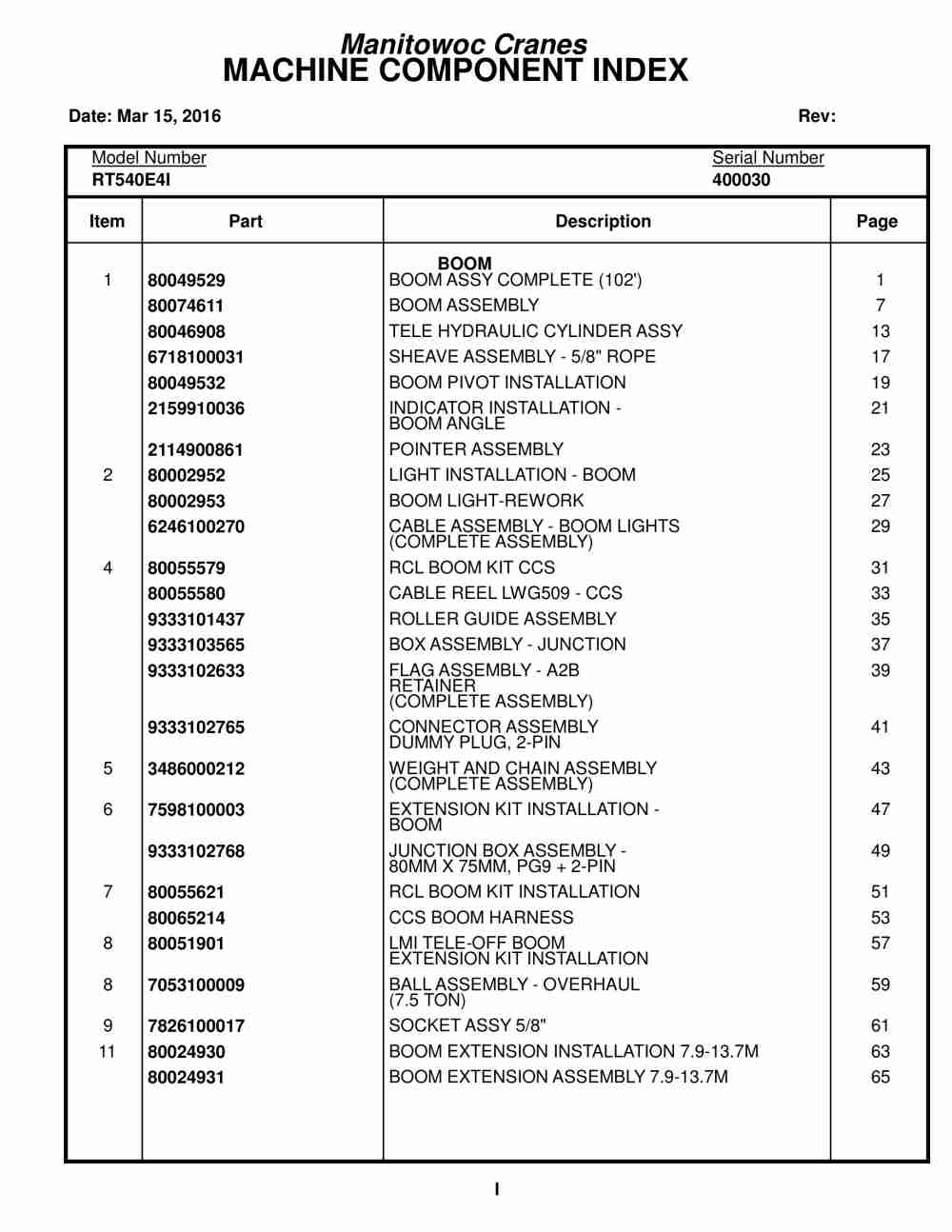 Grove RT540E Crane Parts Manual 400030 2016