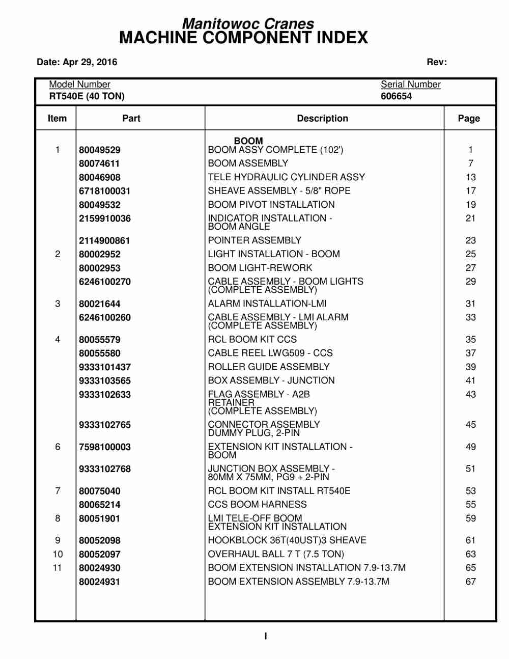 Grove RT540E Crane Parts Manual 606654 2016